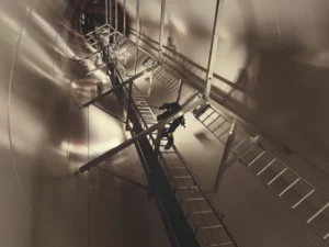 Servicetechniker bei Wartungsarbeiten im Turm einer Windenergieanlage mit Steigsystem